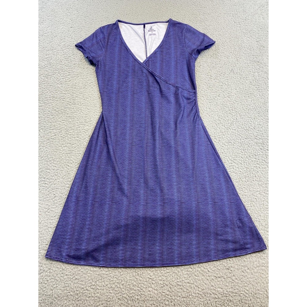 PrAna Dress Womens XS Blue Purple Stripe Faux Wrap V Neck A Line Casual